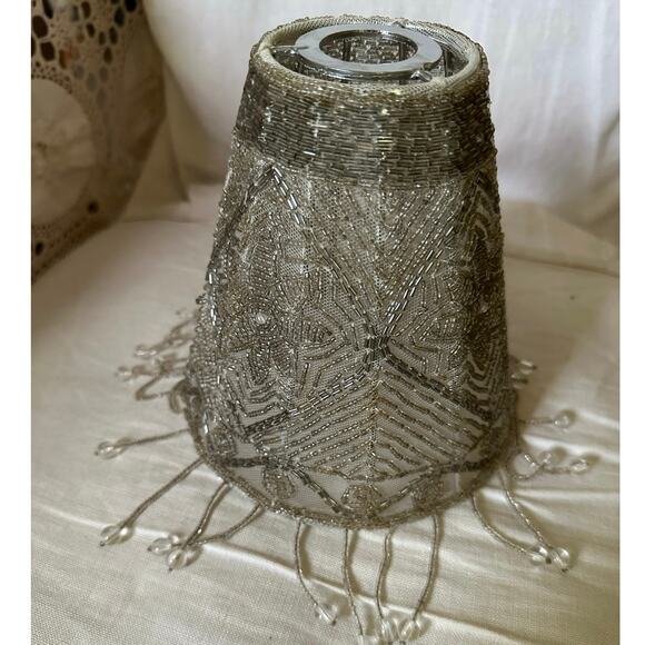 Beaded Lamp Shade Fringed gray small floral mesh 6x6x2.5” Victorian - Picture 11 of 14
